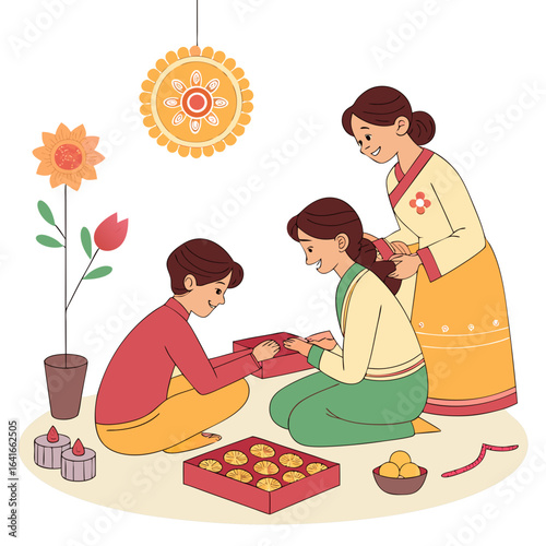 A mother and two children are happily packing mooncakes into gift boxes for a traditional festival celebration