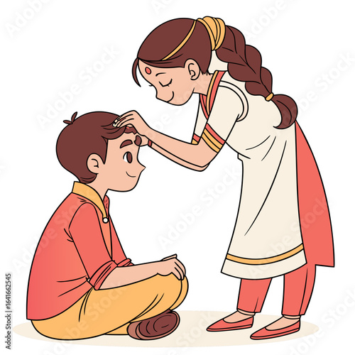 A sister gently places a tilak on her brother s forehead symbolizing love and protection