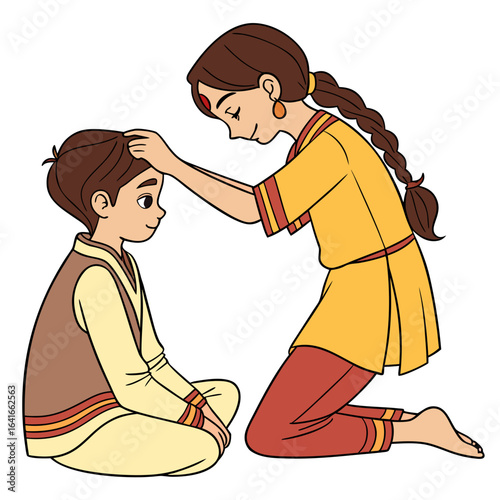 A sister lovingly places her hand on her younger brother s head in a gesture of blessing and protection