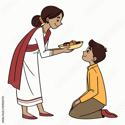 A woman in traditional indian attire offers sweets to a young boy kneeling down