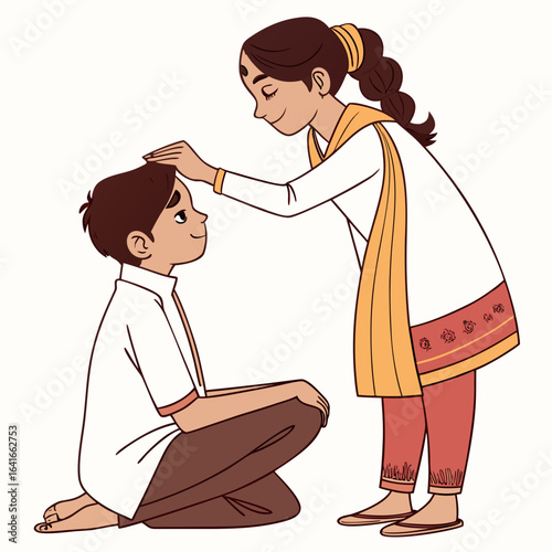 A young woman places her hand on a boy s head with a loving gesture of blessing or protection