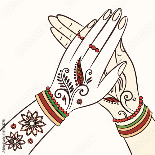 Beautifully decorated hands with intricate henna mehndi designs and colorful bangles