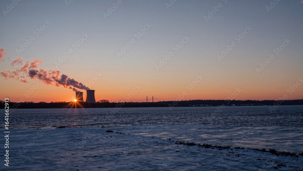 Remote perspective of industrial cooling towers with the sun setting behind steam trails on a chilly winter evening. Horizontal layout with room for text. Remote perspective of industrial cooling towers with the sun setting behind steam trails on a chilly winter evening. Horizontal layout with room for text.