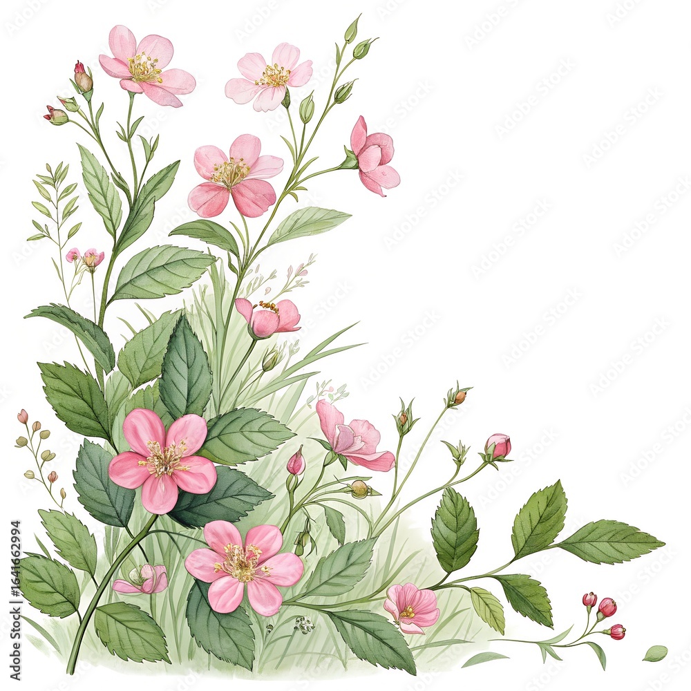 Fototapeta premium Watercolor Floral Corner of Pink Wildflowers and Green Foliage