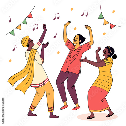 Diverse group of people joyfully dancing together to music during a festive celebration