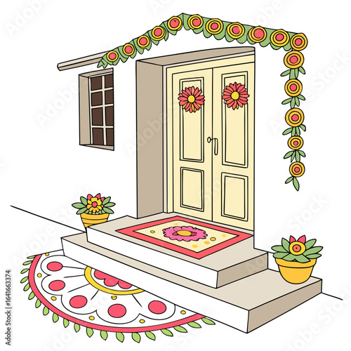 Festive indian home entrance decorated with flowers and rangoli for celebrations
