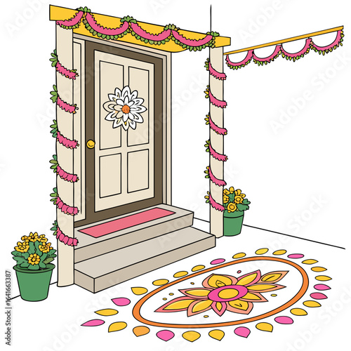 Festive doorway decorated with colorful garlands flowers and a traditional rangoli design welcoming guests