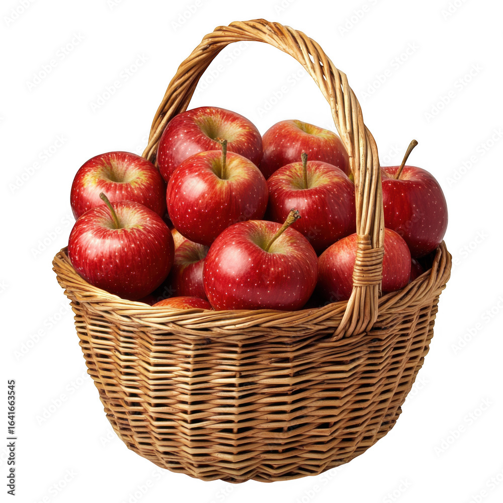 A woven basket filled with ripe red apples isolated on transparent background A woven basket filled with ripe red apples isolated on transparent background