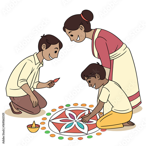 Happy family creating a colorful rangoli pattern together during a festive celebration
