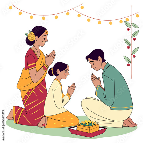Indian family in traditional attire offering prayers together during a festive celebration