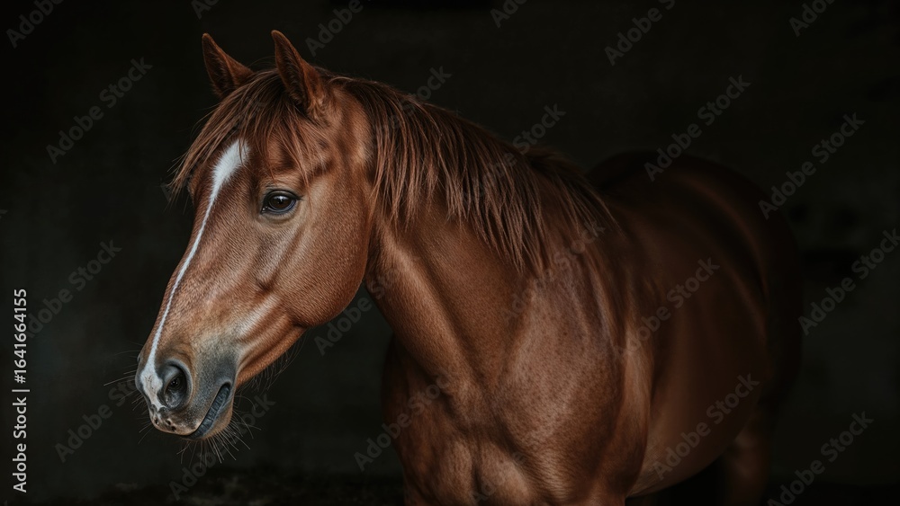 Obraz premium Photo of a bay horse with a large white marking on its muzzle captured in a dark stable environment