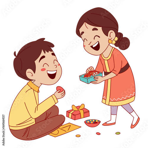 Joyful brother and sister sharing sweets and gifts during a festive celebration with traditional attire
