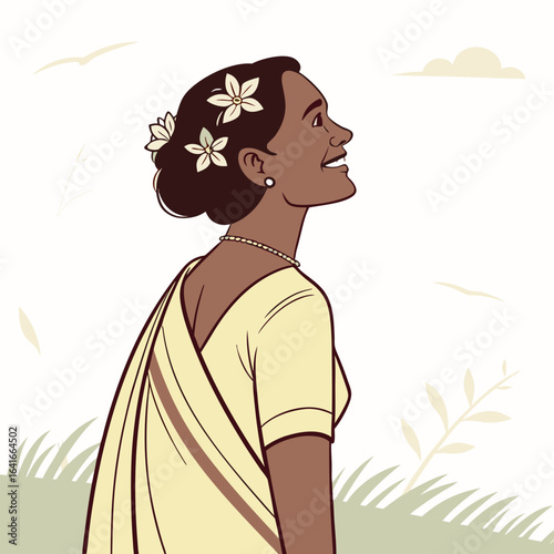 Joyful woman in a sari adorned with flowers looking up at the sky with a smile