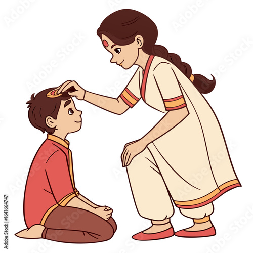 Mother applies a tilak on her son s forehead symbolizing blessing and protection during a cultural ritual