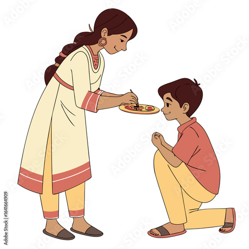 Sister applying tilak on brother s forehead during a traditional indian festival celebration