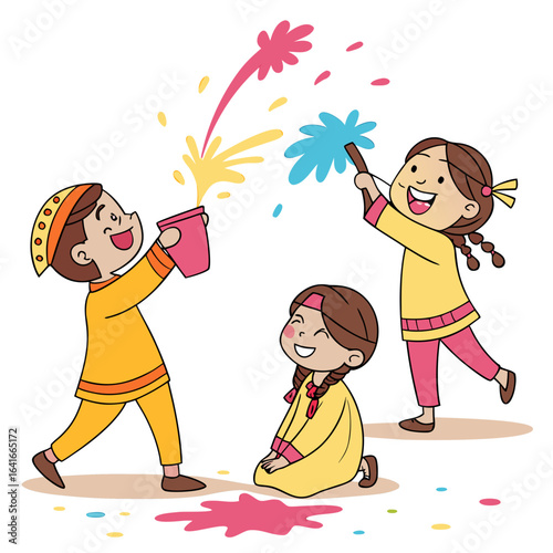 Three happy children celebrating a festival by throwing colorful powders and water at each other