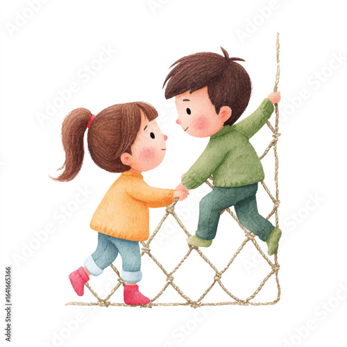 Watercolor depiction of two children helping each other climb a rope net