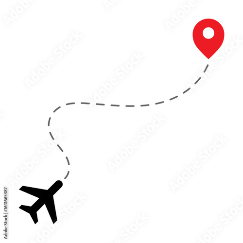 Flight route vector illustration. Airplane on path to location pin.
