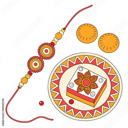 Traditional indian raksha bandhan festival celebration with rakhi sweets and thali elements