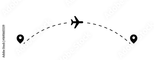 Flight route vector illustration. Airplane on dashed line on path to destination. Flight tracking interface. 