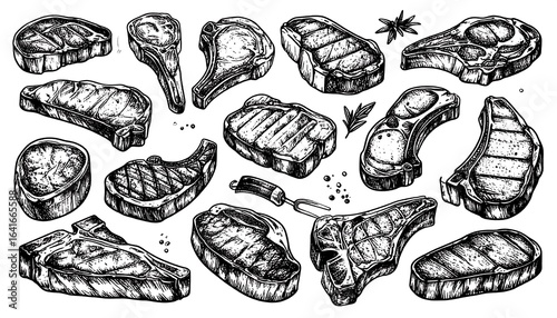 Various grilled steaks, hand-drawn illustrations