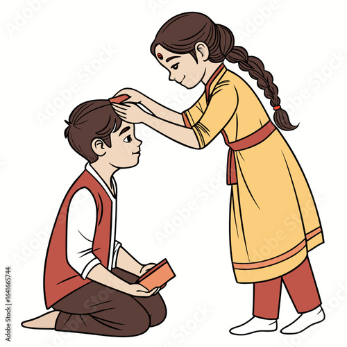 Young girl applies tilak to her brother s forehead celebrating indian festival raksha bandhan with love and tradition