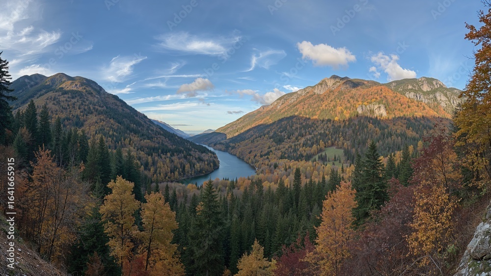 Obraz premium Broad perspective of a beautiful valley with a river bordered by forested slopes and rugged mountains
