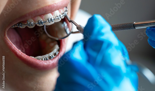 Close up of orthodontist checking braces with dental mirror and tool.