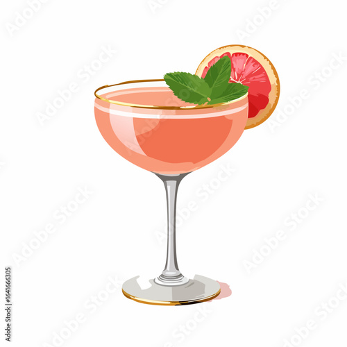 Grapefruit daiquiri alcoholic cocktail with white rum, sugar syrup, fruit juice, lime and ice in glass. Gray background, copy space.
1
