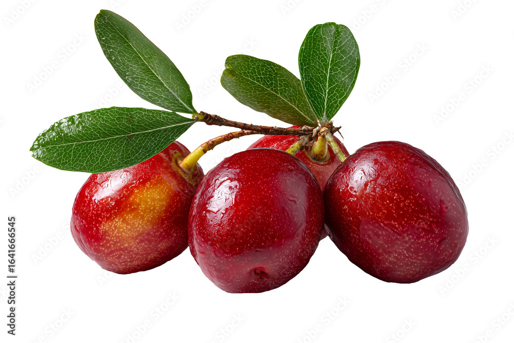 Fototapeta premium Shiny red nanking cherries with green leaves, a vibrant cluster of fresh prunus tomentosa fruit, perfect for healthy eating and natural food concepts on transparent background