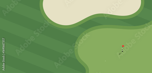 Golf course illustration. Flat style vector illustration of golf course with bunkers, putting green and flag. Golf course illustration for golfing poster, landing page, web banner.