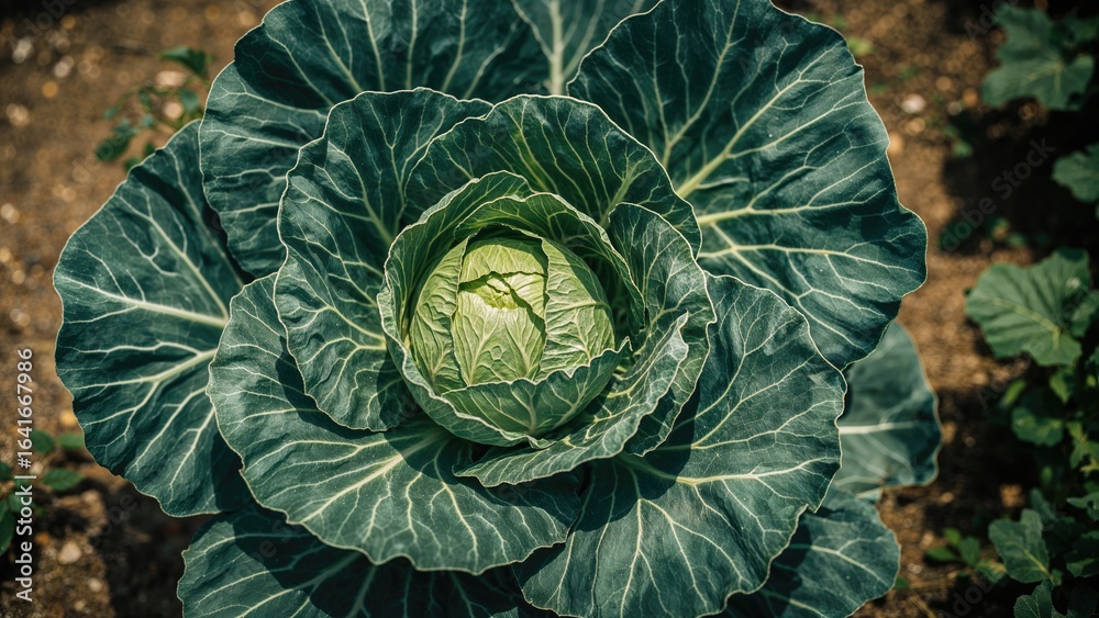 Fototapeta premium Close-up of textured green cabbage in cultivation