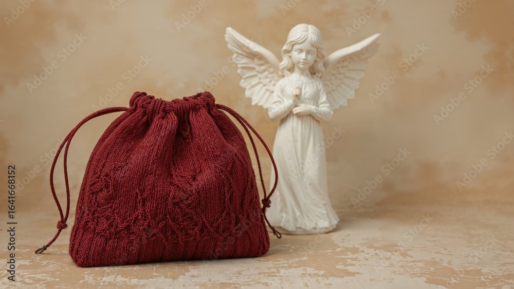 Obraz premium Scarlet woven pouch beside a small angel statue