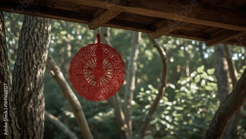 Antique red fan suspended f...