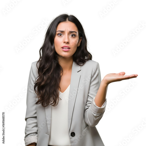 Confused businesswoman gesturing with open hand isolated on transparent background