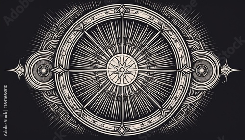 vintage alchemical circle with engraving style and sunburst motif for design