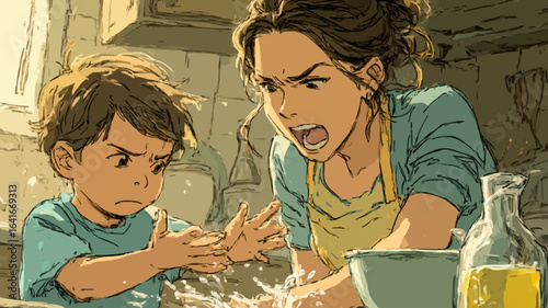 Mother and son washing hands in kitchen sink, mom is yelling at her son