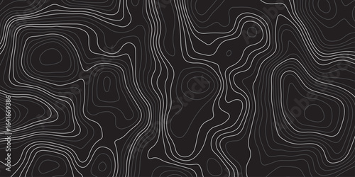 Abstract dark topographic map pattern with smooth contour lines on a black background. Modern minimalistic elevation design, perfect for backgrounds, wallpapers, or technology themes.