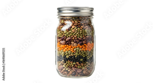 Assortment of dried lentils and beans layered in a glass mason jar, isolated on transparent background