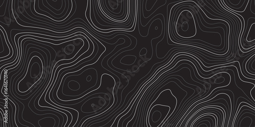 Abstract dark topographic contour map background with smooth flowing lines and modern minimal design. Elegant black pattern ideal for wallpapers, presentations, and graphic design projects.