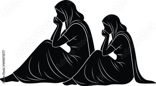Twin sisters sitting on the floor in traditional dress, a symbol of sisterhood, love, care, and emotion, with a white background for design.v
