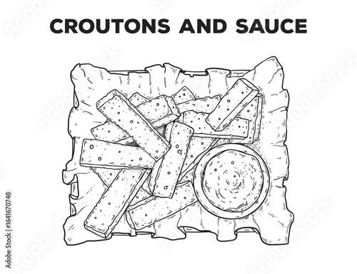 Croutons and sauce sketch. Hand drawn vector illustration. Gastropub, gastrobar, pub food. Detailed design element. Top view.