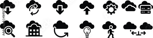Art & IllustrationCloud computing and data storage icons set, with symbols for download, upload, synchronization, search, server, and hosting, in black and white silhouette vector