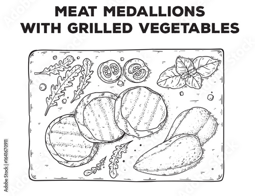 Meat medallions with grilled vegetables sketch. Hand drawn vector illustration. Gastropub, gastrobar, pub food. Detailed design element. Top view.