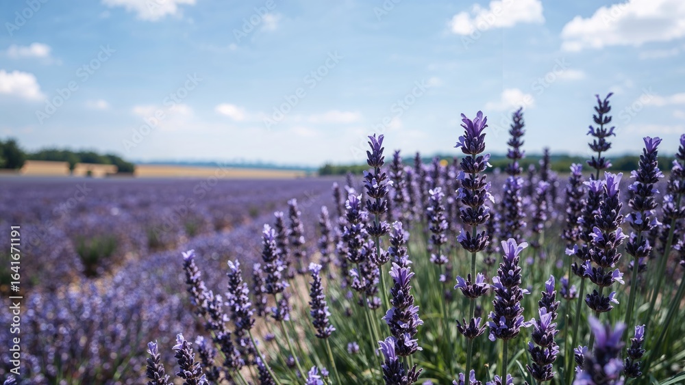 Obraz premium Sunlit field filled with violet lavender plants, lined neatly beneath the blue sky, ideal for aromatherapy and fragrance use.