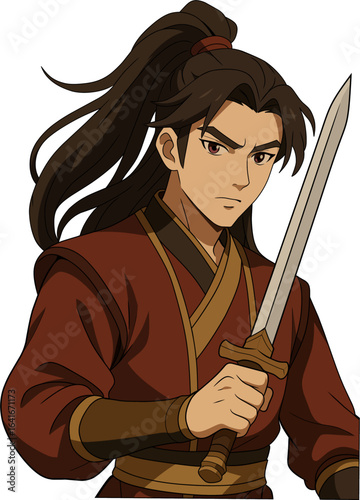 Anime illustration of a determined young swordsman with long hair, holding a traditional straight sword.