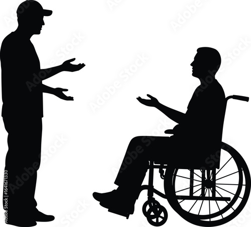 A meaningful conversation between a person standing and an individual in a wheelchair, symbolizing support, equality, and understanding in daily life."