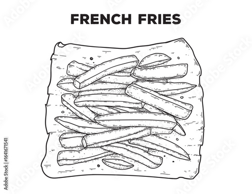 French fries sketch. Hand drawn vector illustration. Gastropub, gastrobar, pub food. Detailed design element. Top view.