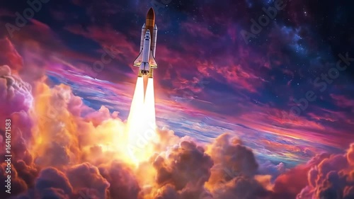 Spacecraft soars through vibrant clouds, leaving earth behind