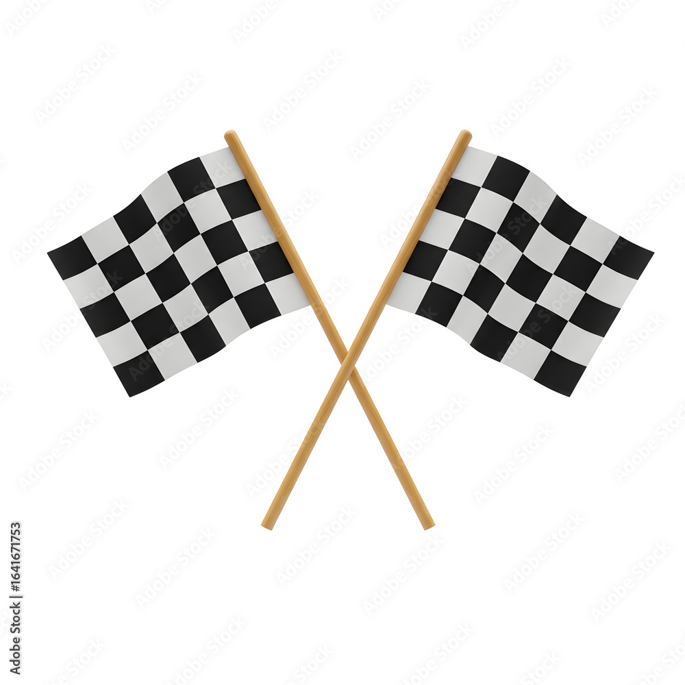 Fototapeta premium Two checkered flags crossed against a dark backdrop signaling finish line